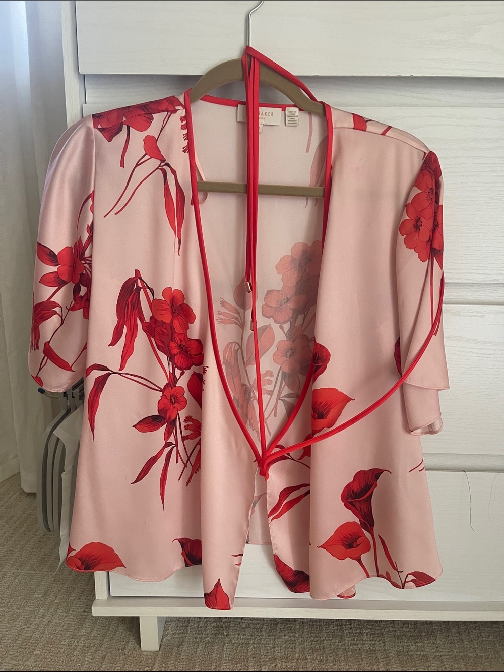 Ted Baker Pink Blouse with Red Floral Print and Tie Front